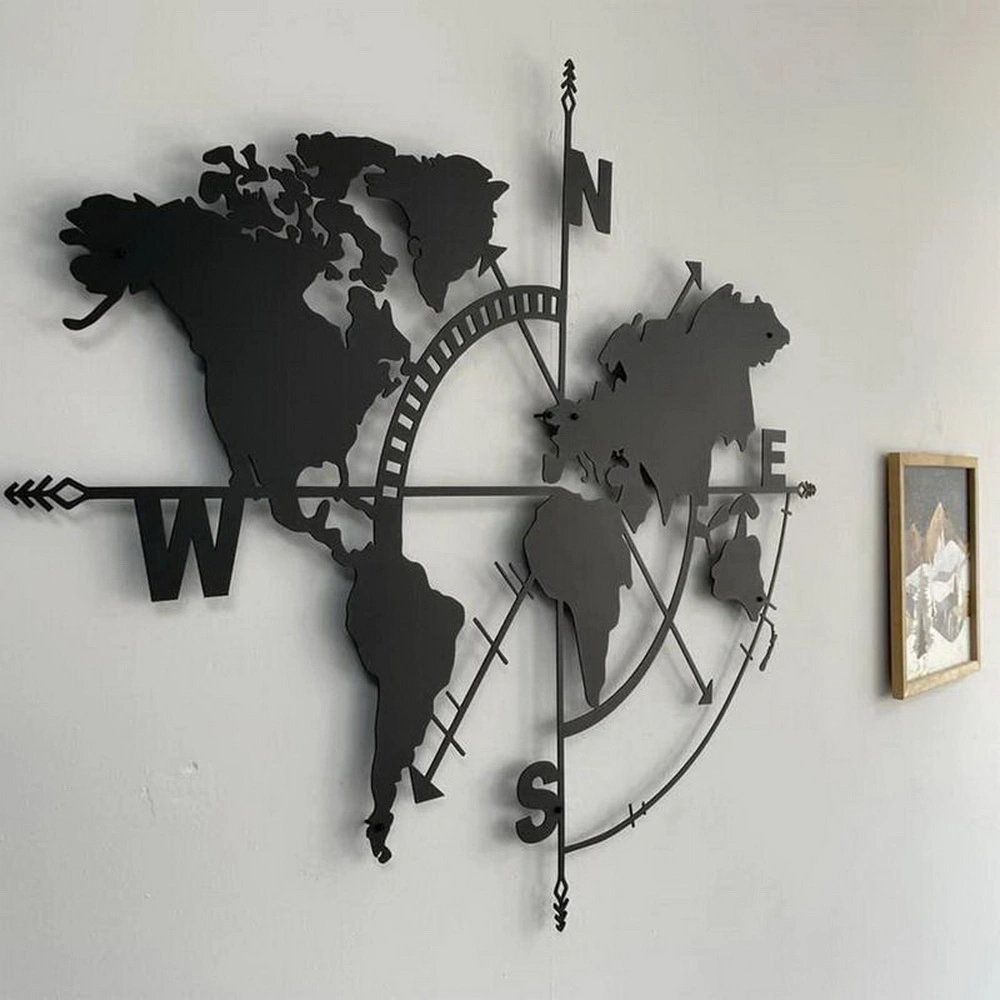 Metal World Map Wall Art Compass Design Wall Decor Hanging Art for Home Office School Classroom Living Room Bedroom Decorations